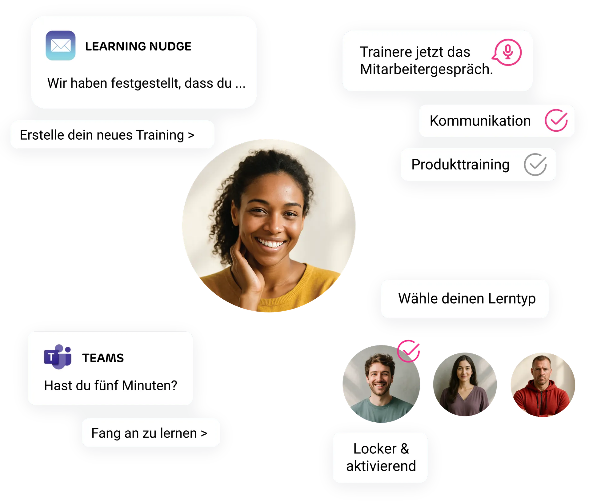 chunkx Lernerlebnis: personalisierte Lernimpulse, Microsoft-Teams-Nudges und wählbare Lerntypen für Mitarbeitende