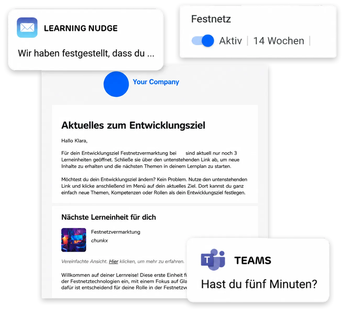 KI-gestützter Lernimpuls per E-Mail und Microsoft Teams erinnert an offene Mikrolerneinheiten