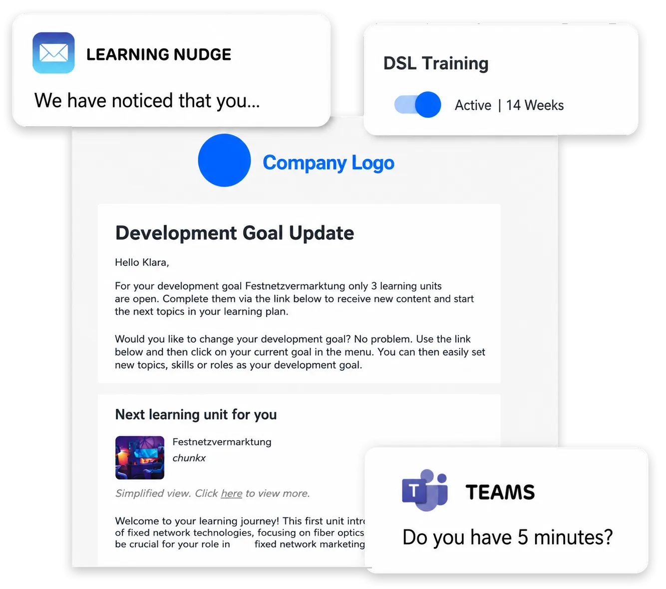 AI-driven learning nudge via email and Microsoft Teams reminding a learner of open microlearning units