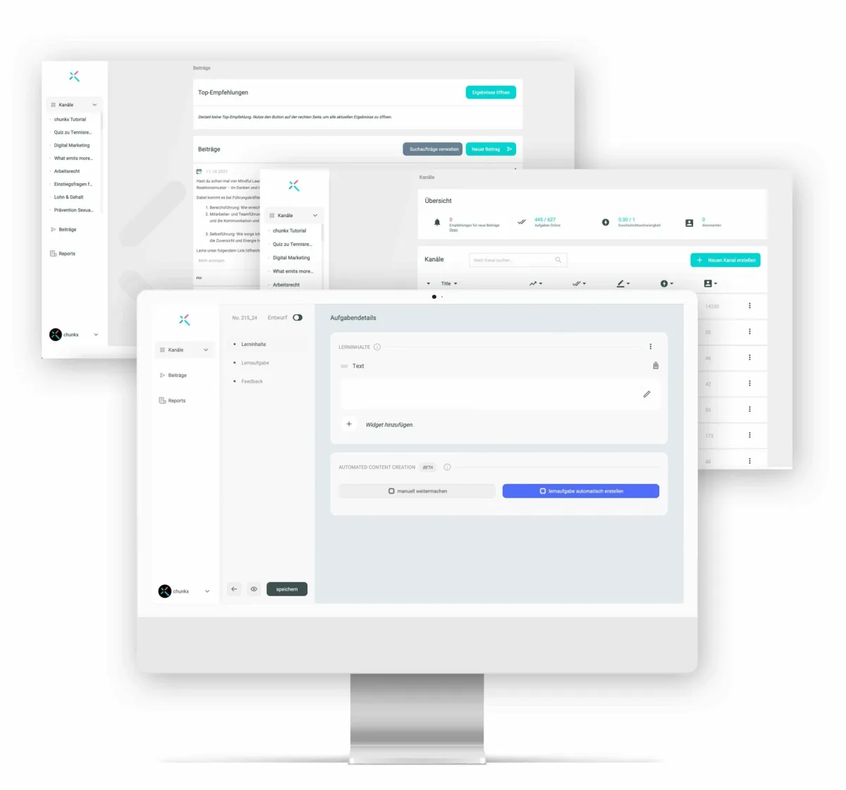 chunkx-App-Oberfläche auf einem iMac: Kanäle, Beiträge und automatisierte Erstellung von Lernaufgaben