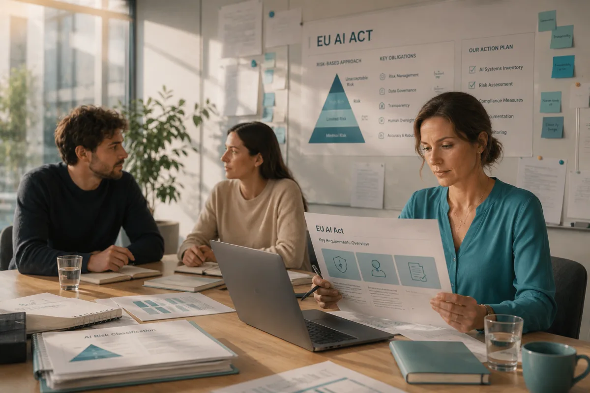 Team im Meeting analysiert einen EU-AI-Act-Aktionsplan mit Risikopyramide an der Wand