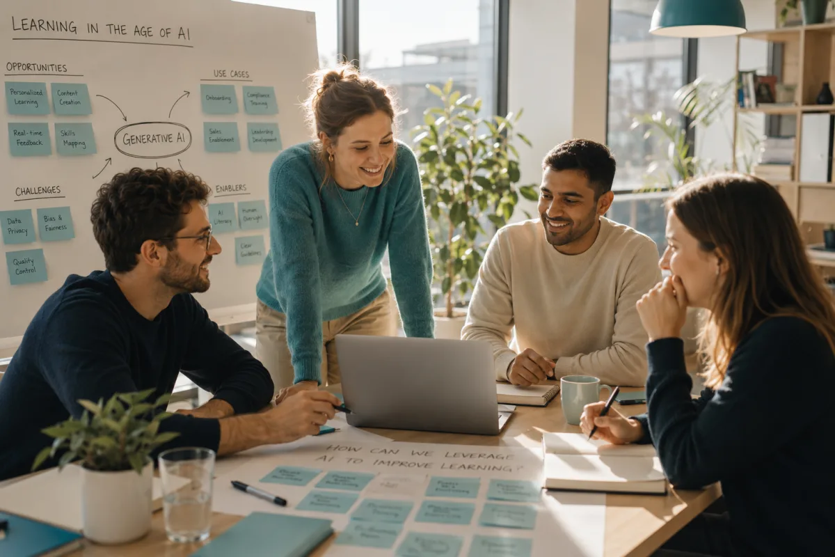 Team bespricht am Whiteboard Chancen und Herausforderungen von generativer KI im Corporate Learning