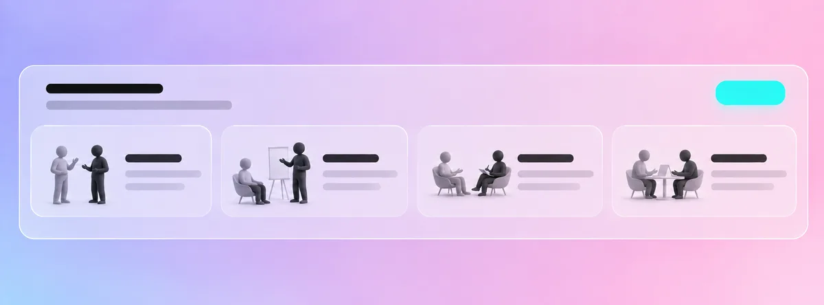Illustration: vier Vorlagen für Gesprächsszenarien, jede zeigt zwei Figuren in einer anderen Gesprächssituation