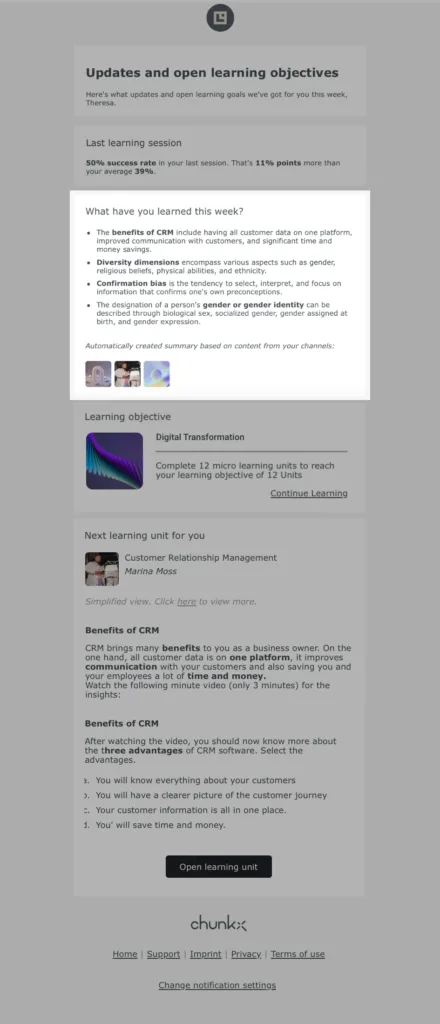 chunkx: personalized summary in the weekly learning email