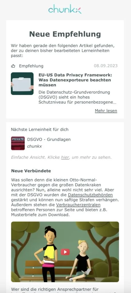 chunkx: Empfehlungs-E-Mail mit einem passenden Artikel und der nächsten Lerneinheit