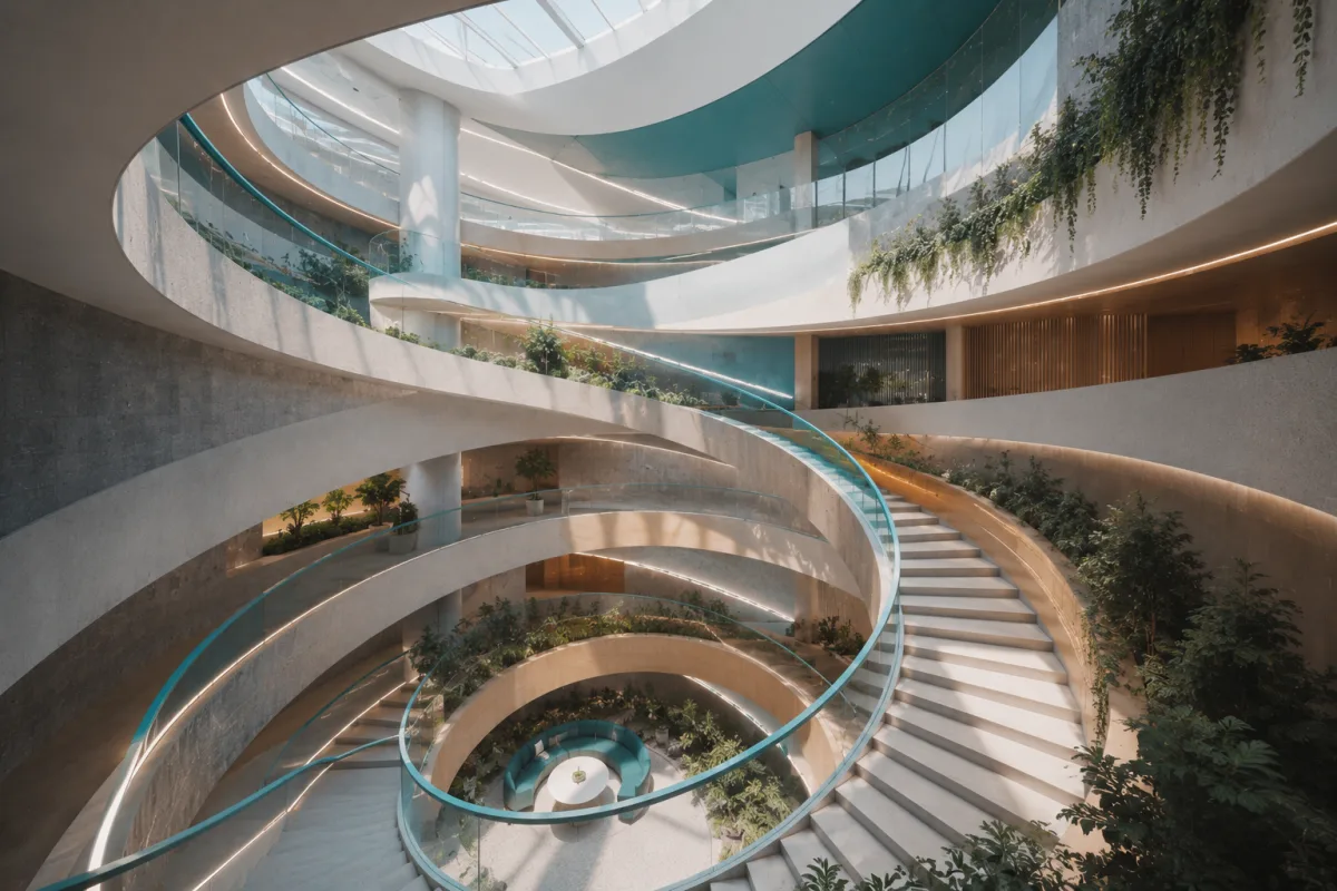 Aufsteigende Wendeltreppe in einem lichtdurchfluteten, begrünten Gebäude – Sinnbild für kontinuierliches Lernen und Aufstieg