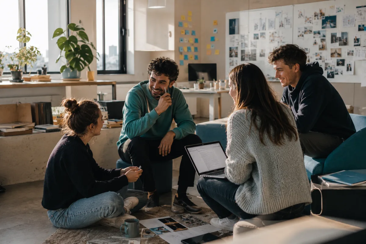 Junges Team im lockeren Austausch im Büro – Sinnbild für Zugehörigkeit und Mitarbeiterbindung