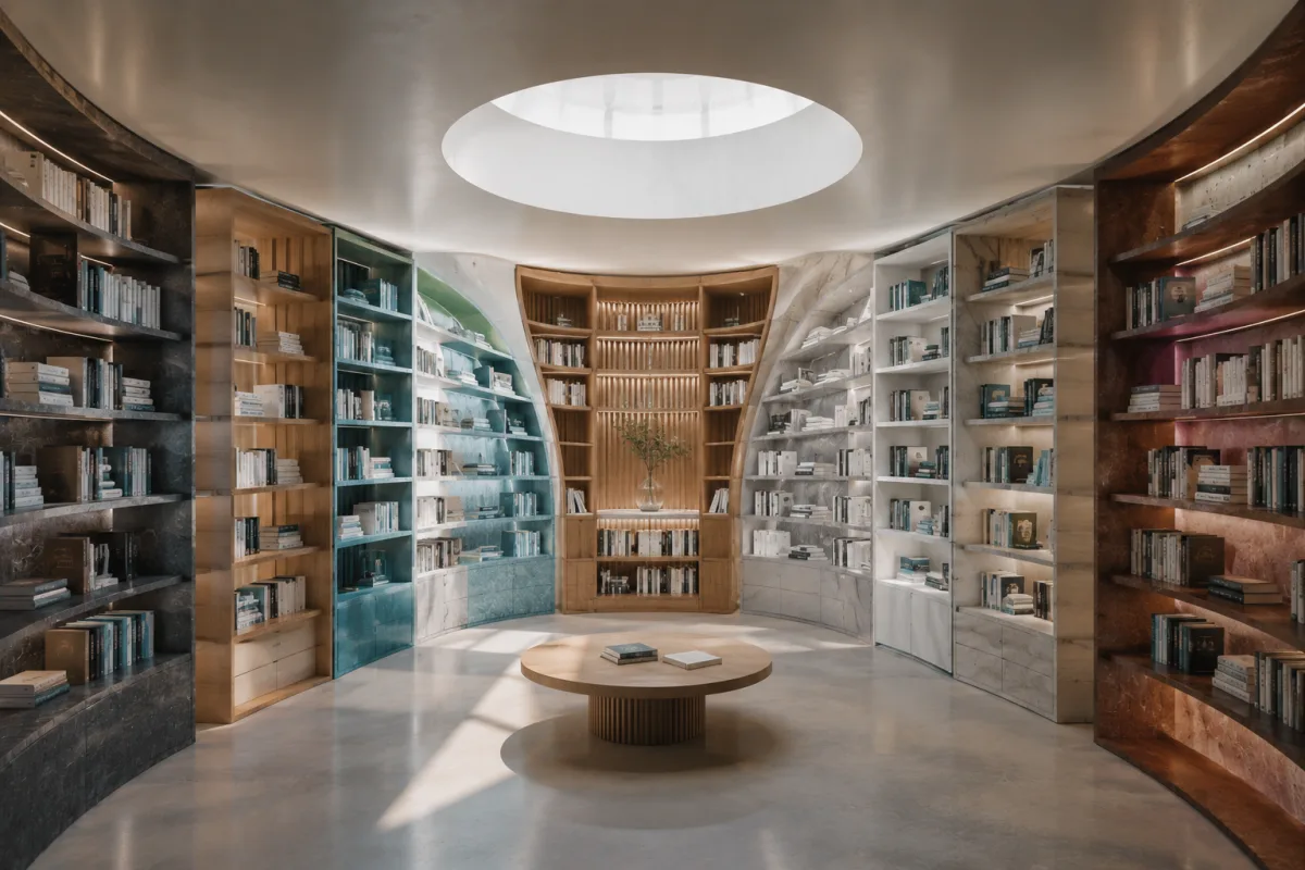 Runde Bibliothek mit vielfarbigen Regalwänden voller Bücher – Sinnbild für Wissen über Sprachbarrieren hinweg