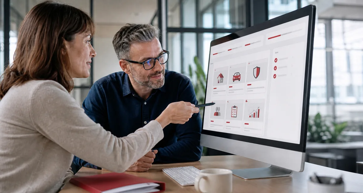 Zwei ERGO-Mitarbeitende besprechen adaptive Lerninhalte am Bildschirm