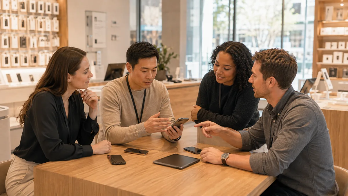 Shopteam schaut gemeinsam auf ein Smartphone – kontinuierliches Lernen im Shopalltag
