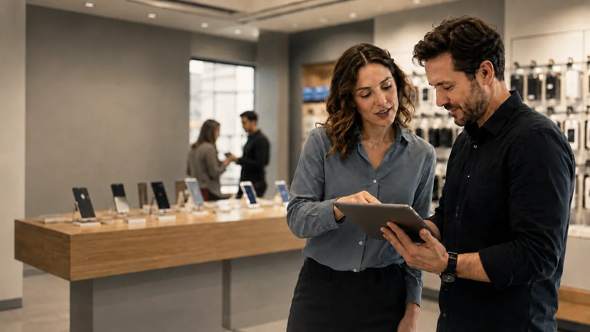 Zwei Shopmitarbeitende gehen gemeinsam am Tablet ein Produkttraining durch