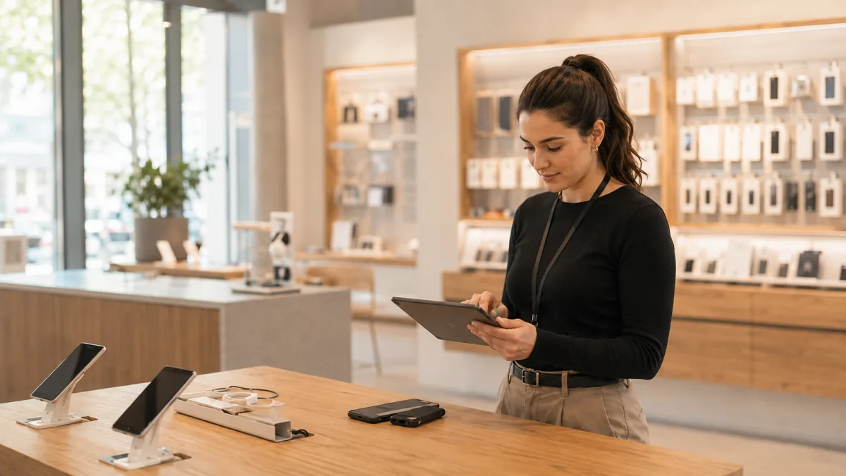 Shopmitarbeiterin lernt am Tablet zwischen zwei Kundengesprächen