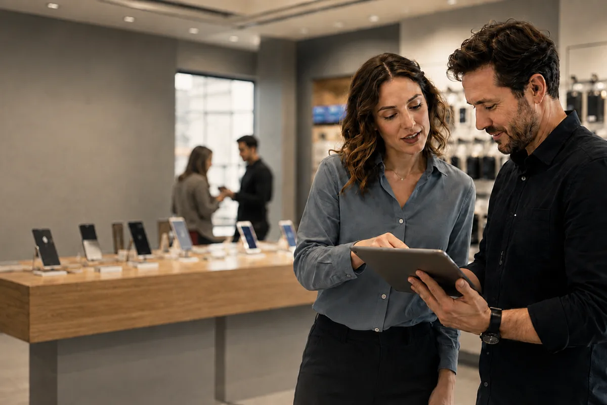 Shopmitarbeitende beim Produkttraining am Tablet – chunkx Case Study eines Telekommunikationskonzerns