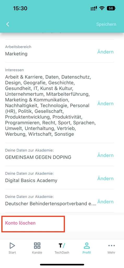 chunkx Profilbereich mit Account-löschen-Option