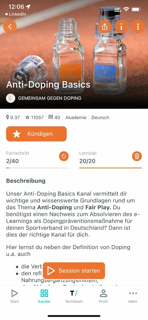 chunkx Kanalseite mit Lernziel-Fortschritt und Zertifikat-Option