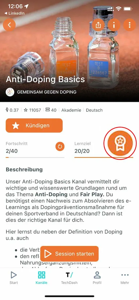 chunkx Kanalseite mit Medaillen-Symbol zum Öffnen des Zertifikats