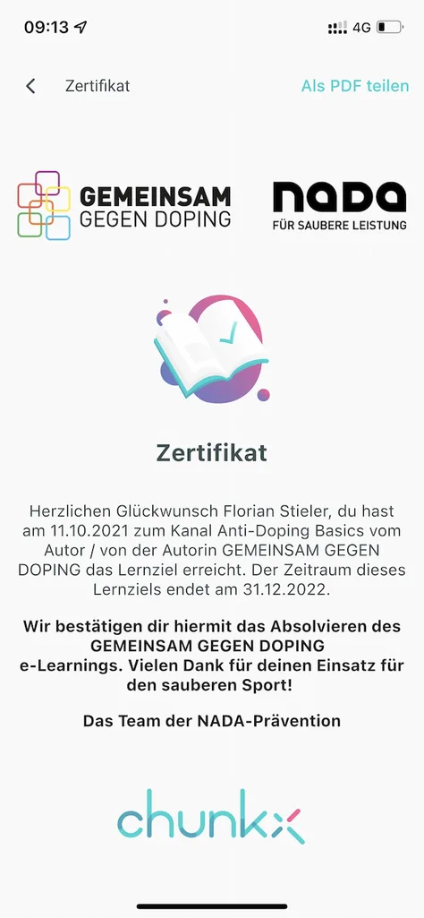 chunkx Zertifikat-Ansicht mit Teilen-Button für PDF-Export