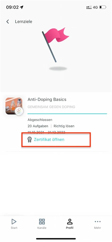 chunkx Lernziele-Übersicht mit Button Zertifikat öffnen bei abgeschlossenem Lernziel