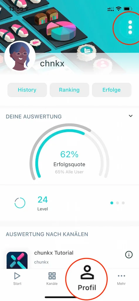 chunkx Profilseite mit geöffnetem Menü oben rechts