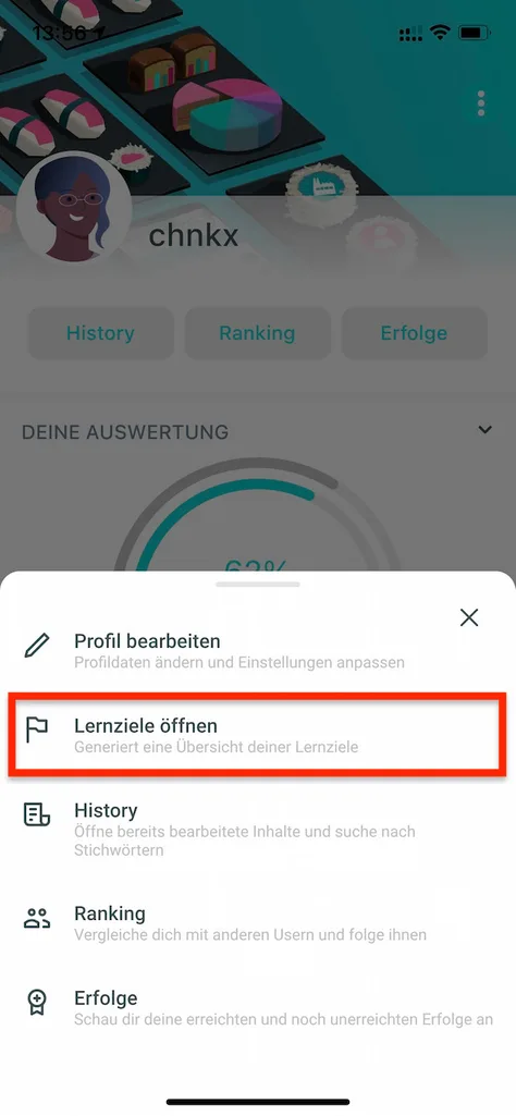 chunkx Profilmenü mit markierter Option Lernziele öffnen